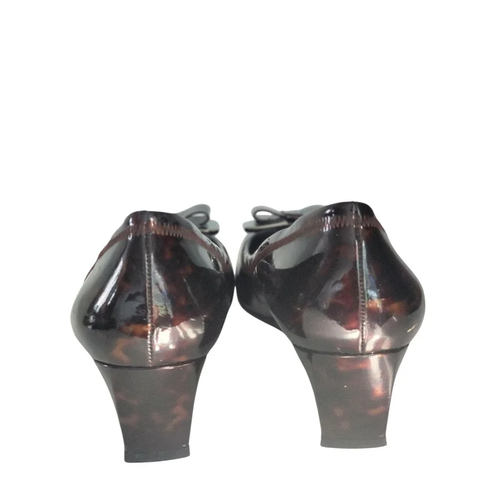 Stuart Weitzman Brown Tortoise Shell Patent Wedge Bow Pumps Shoes 12 M